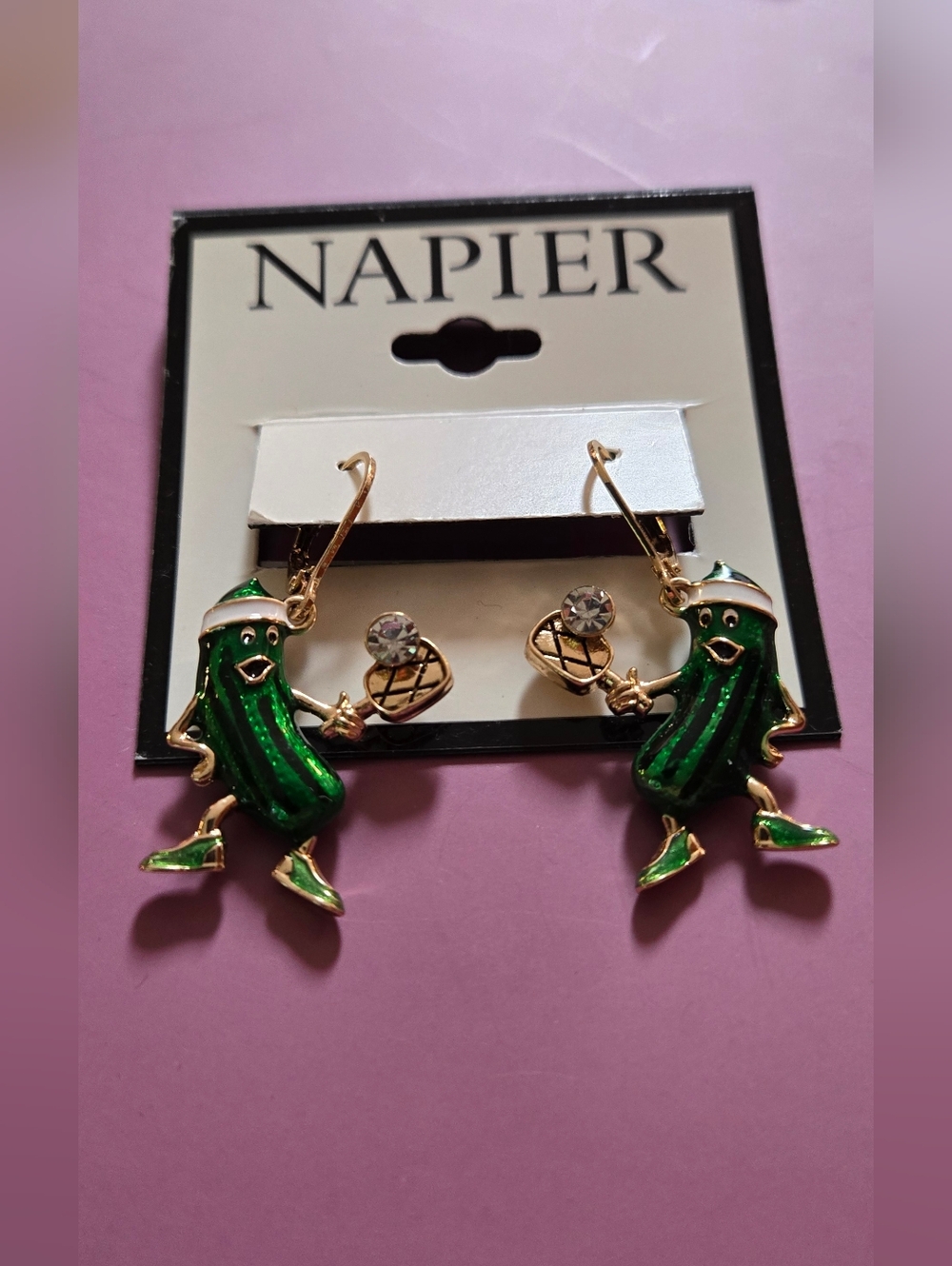 Napier Green Enamel Pickle Dangle Earrings with Gold Accents - Picture 6 of 6